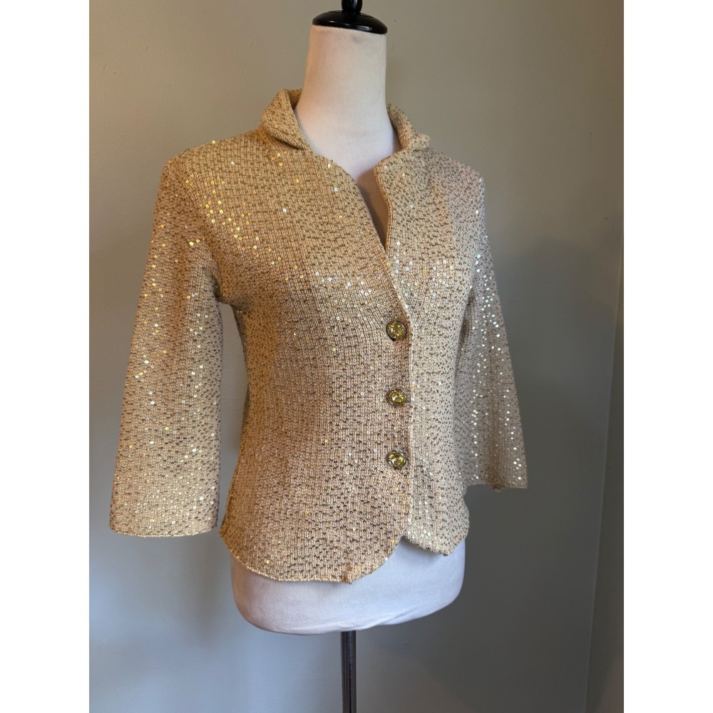 Cache Gold Sequin Knit Cardigan Jacket Crystal  Metallic retro boho party Sm Y2K